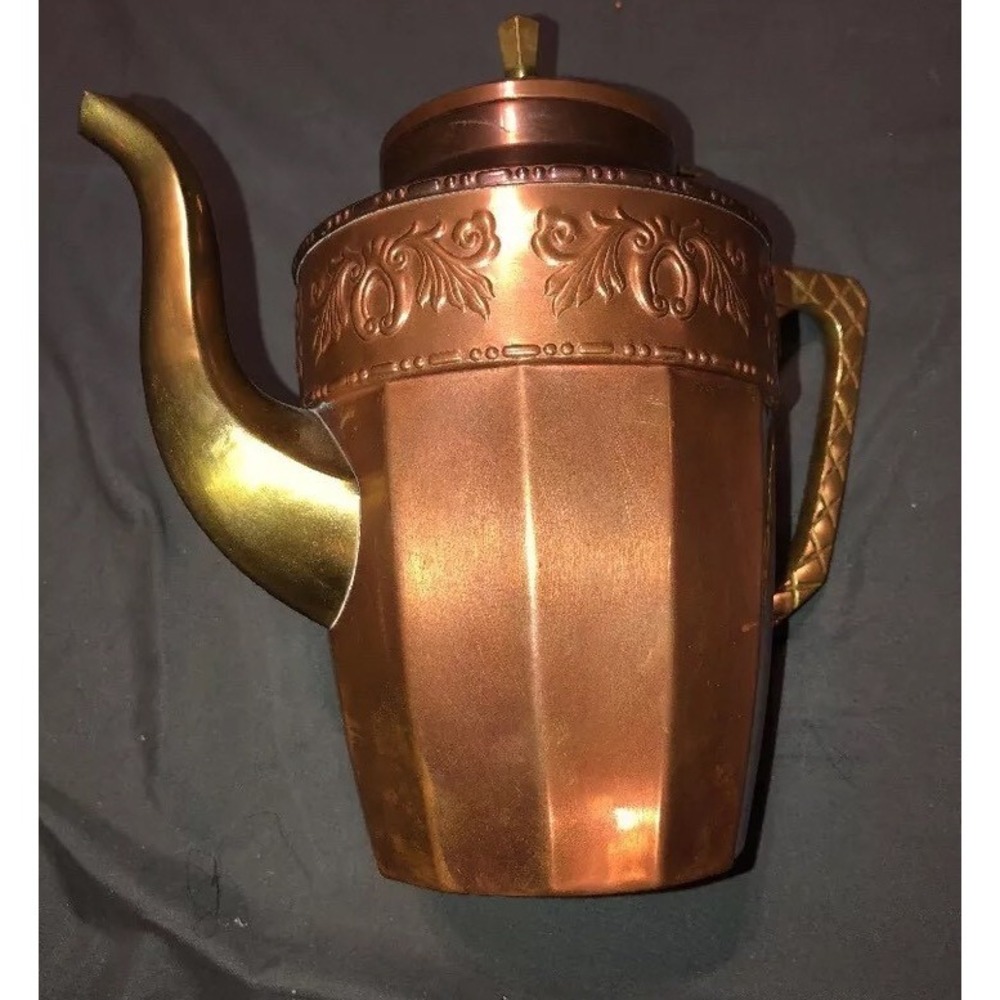 Antique GUST ERIKSSONE‎ ESKILSTUNA Sweden Copper Brass Lid Tea Coffee Pot 8.5" - Picture 4 of 6